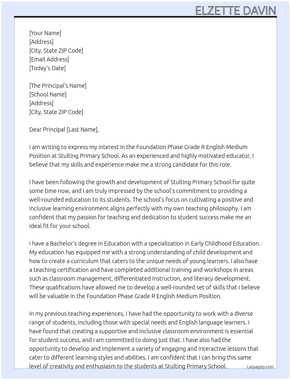 Foundation phase Grade R English Medium Position  At Stulting Primary school  Cover Letter