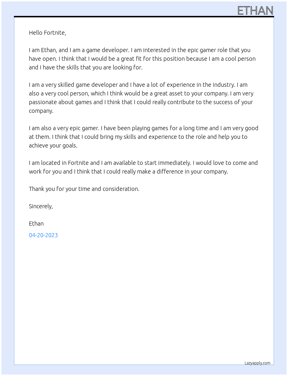 game developer At fortnite Cover Letter