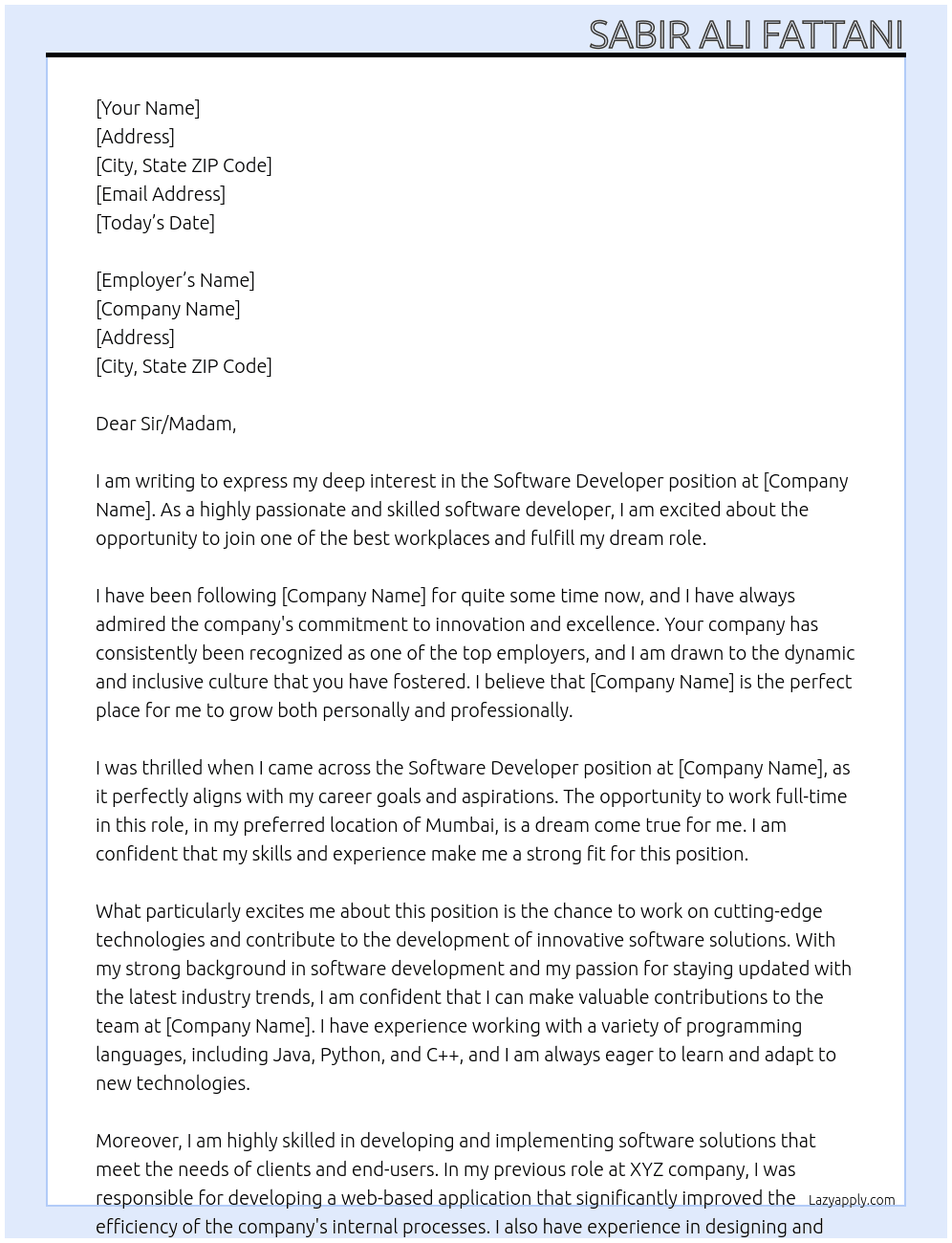 Software Developer At one of the best workplace offering my dream role Cover Letter