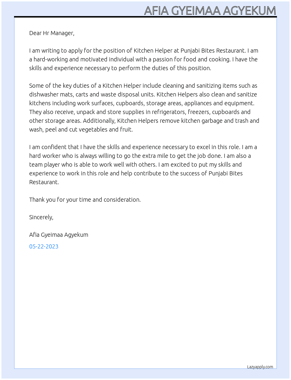 Kitchen Helper At Punjabi Bites Restaurant Cover Letter