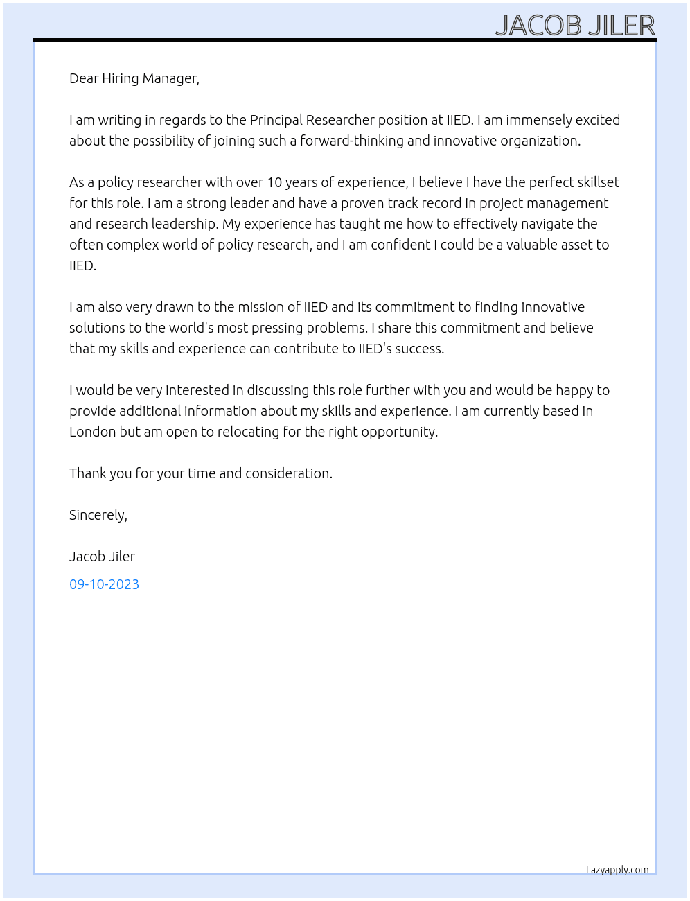 Principal Researcher At IIED Cover Letter