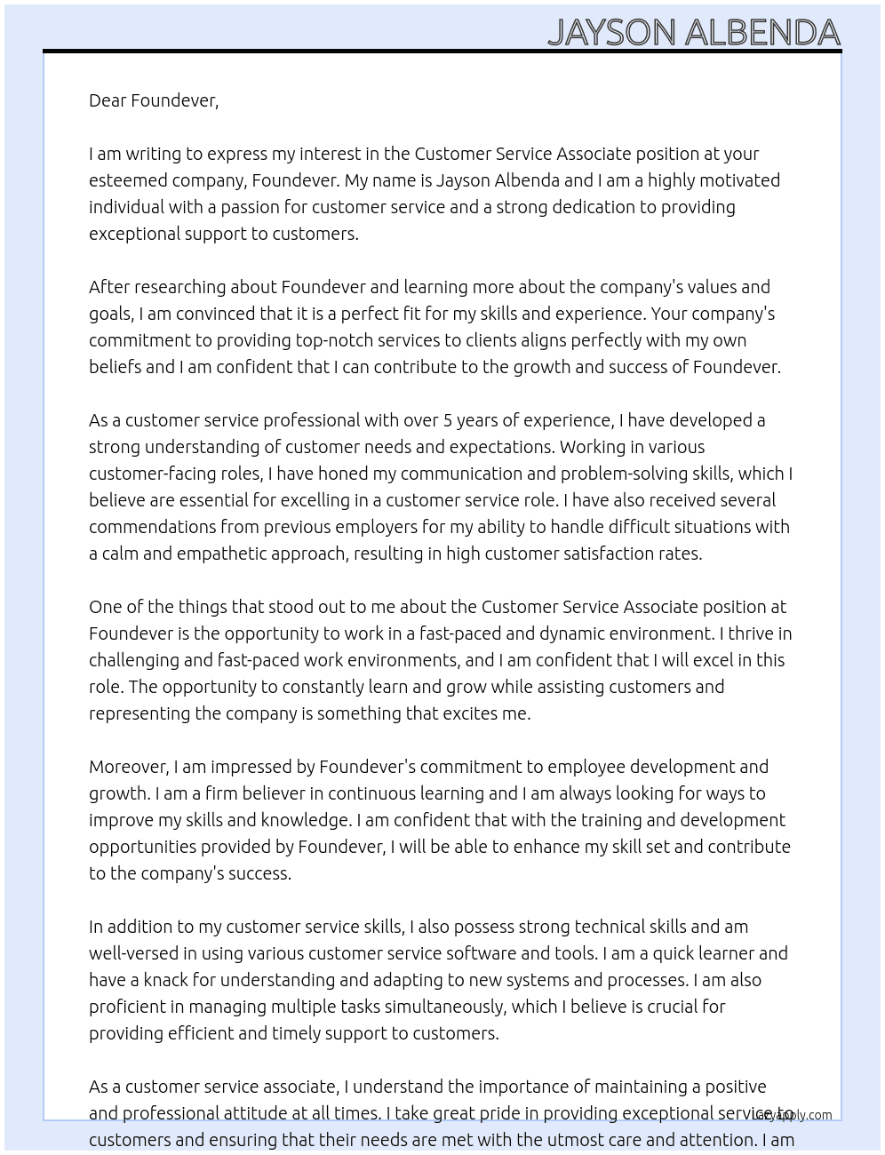 Customer service associate At Foundever Cover Letter