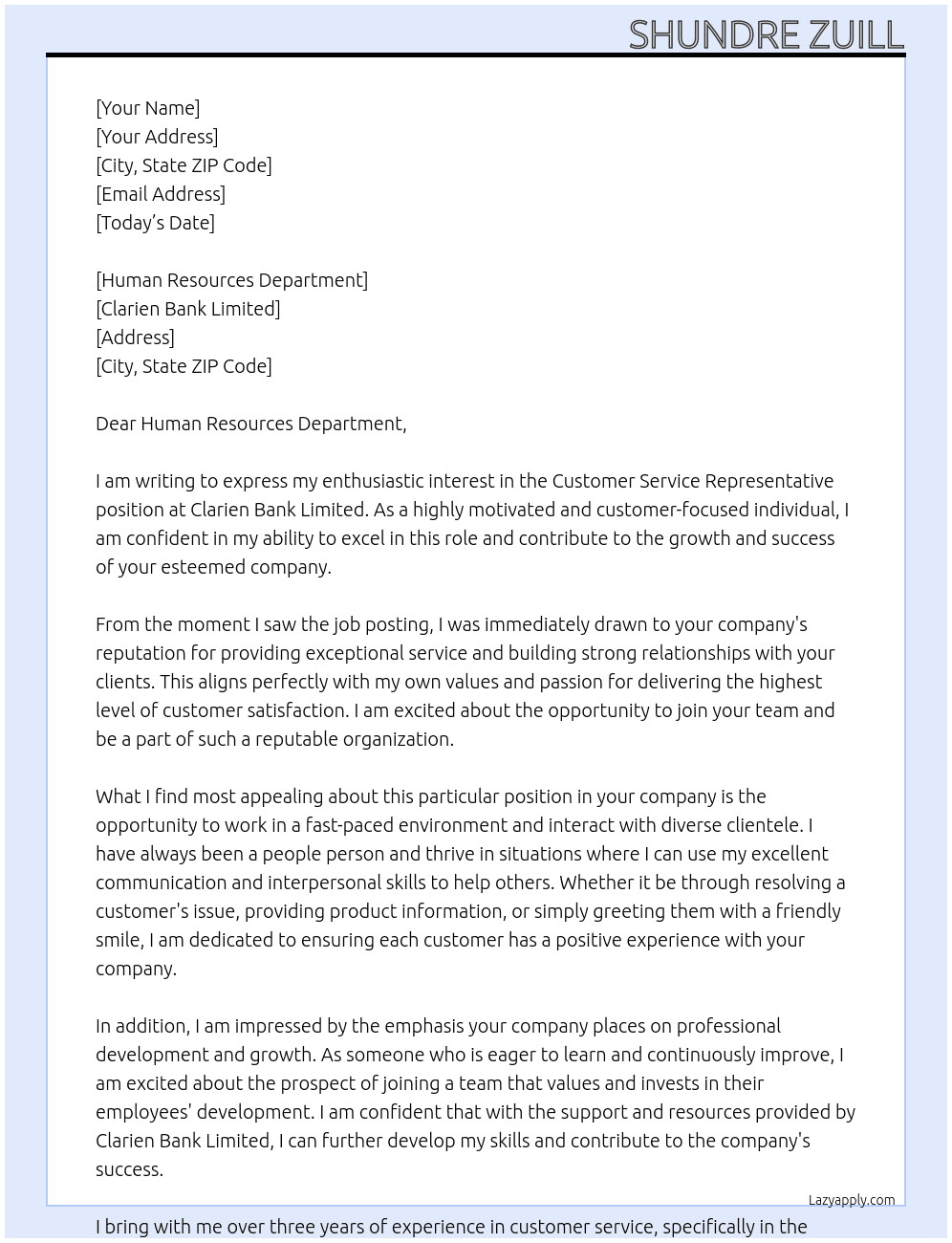 Customer Service Representative  At Clarien Bank Limited Cover Letter