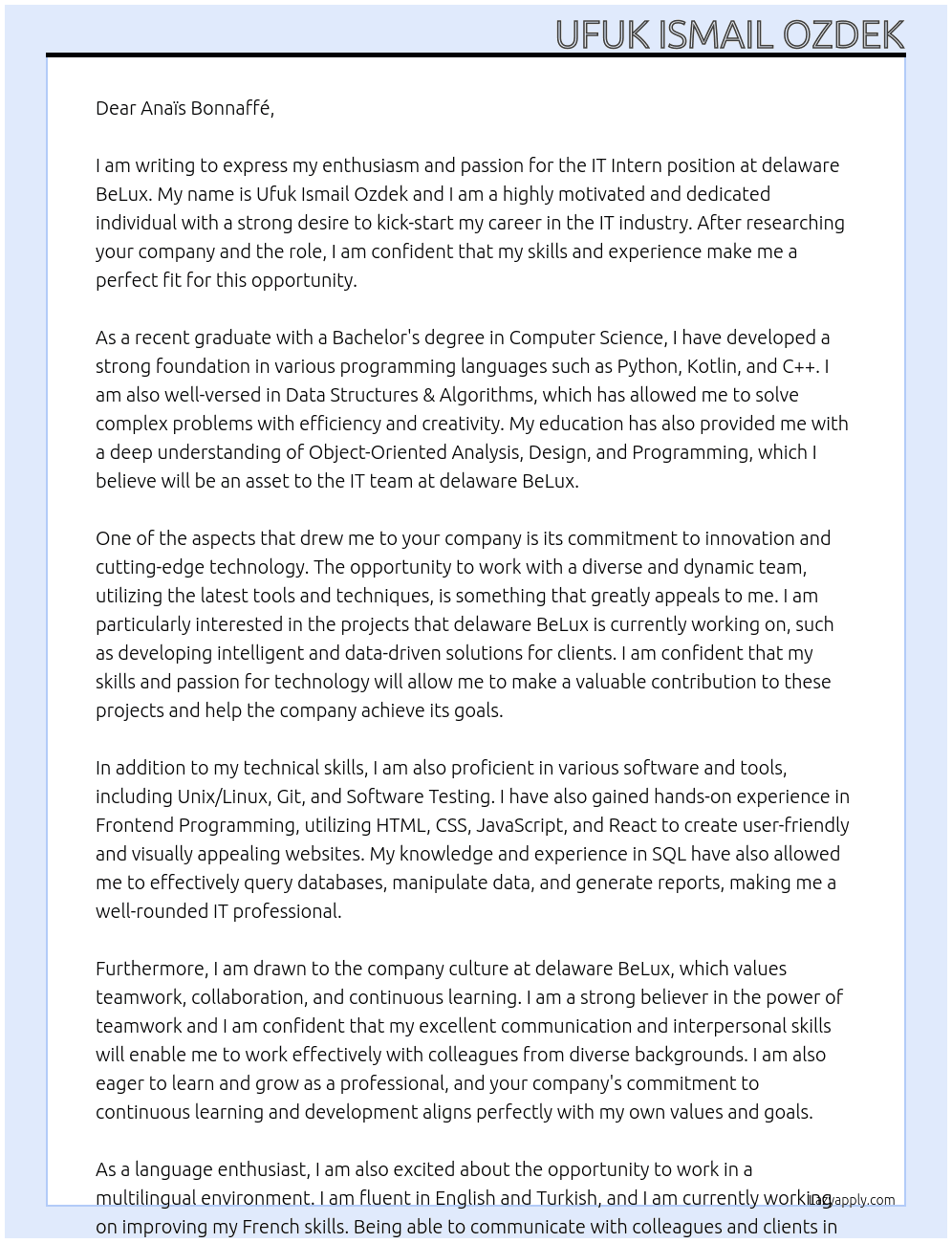IT Intern At delaware BeLux Cover Letter