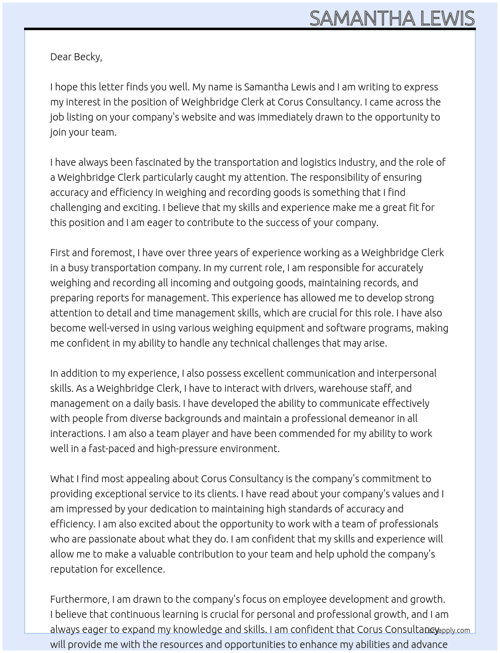 Weighbridge clerk At Corus Consulatancy Cover Letter