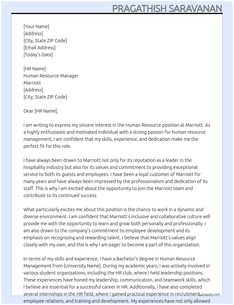 Human resource  At Marriott  Cover Letter