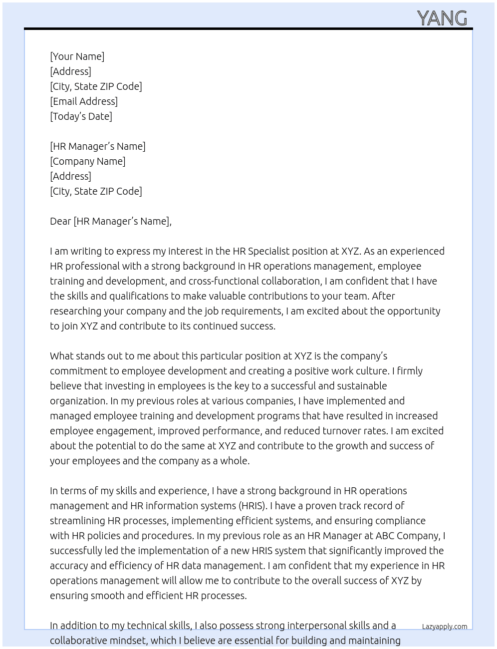  HR Specialist At XYZ Cover Letter