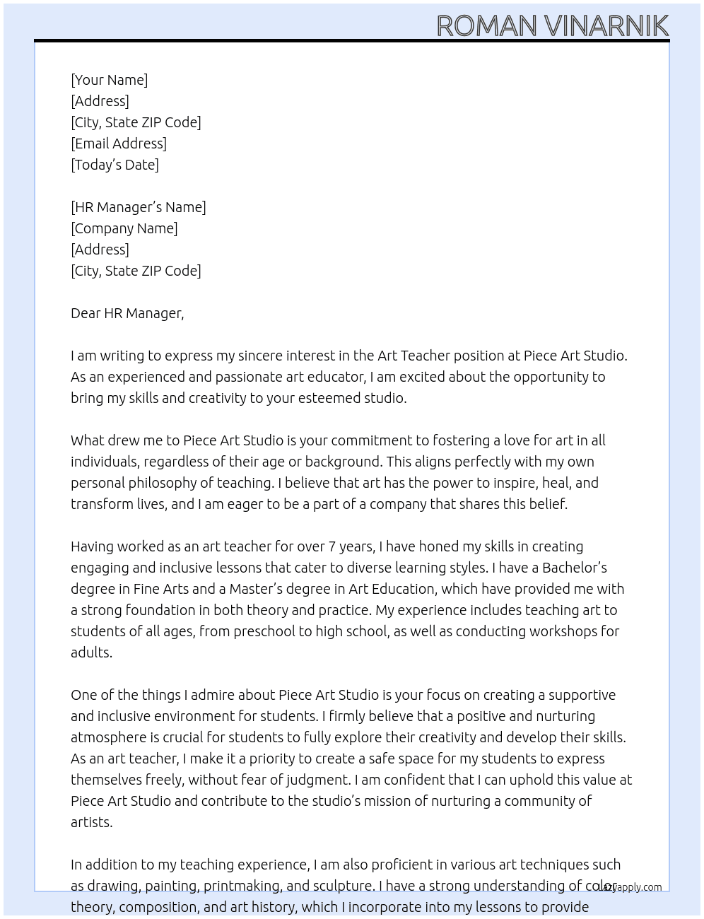 Art Teacher At Piece Art Studio Cover Letter
