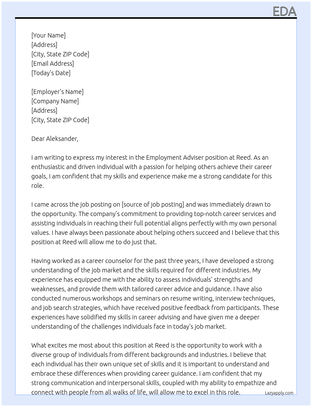  Employment Adviser  At Reed Cover Letter