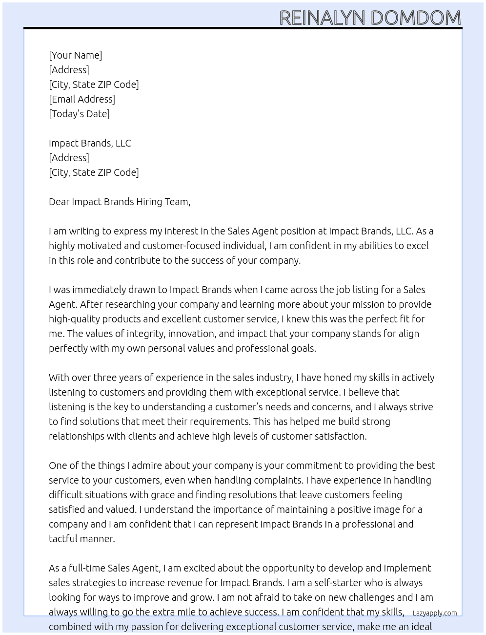 sales agent At Sales Agent Cover Letter