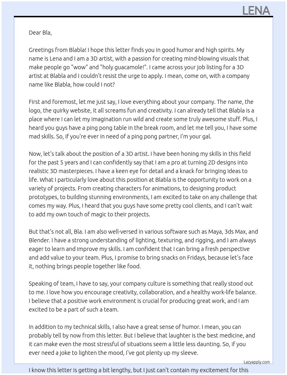3D Artist At Blabla Cover Letter