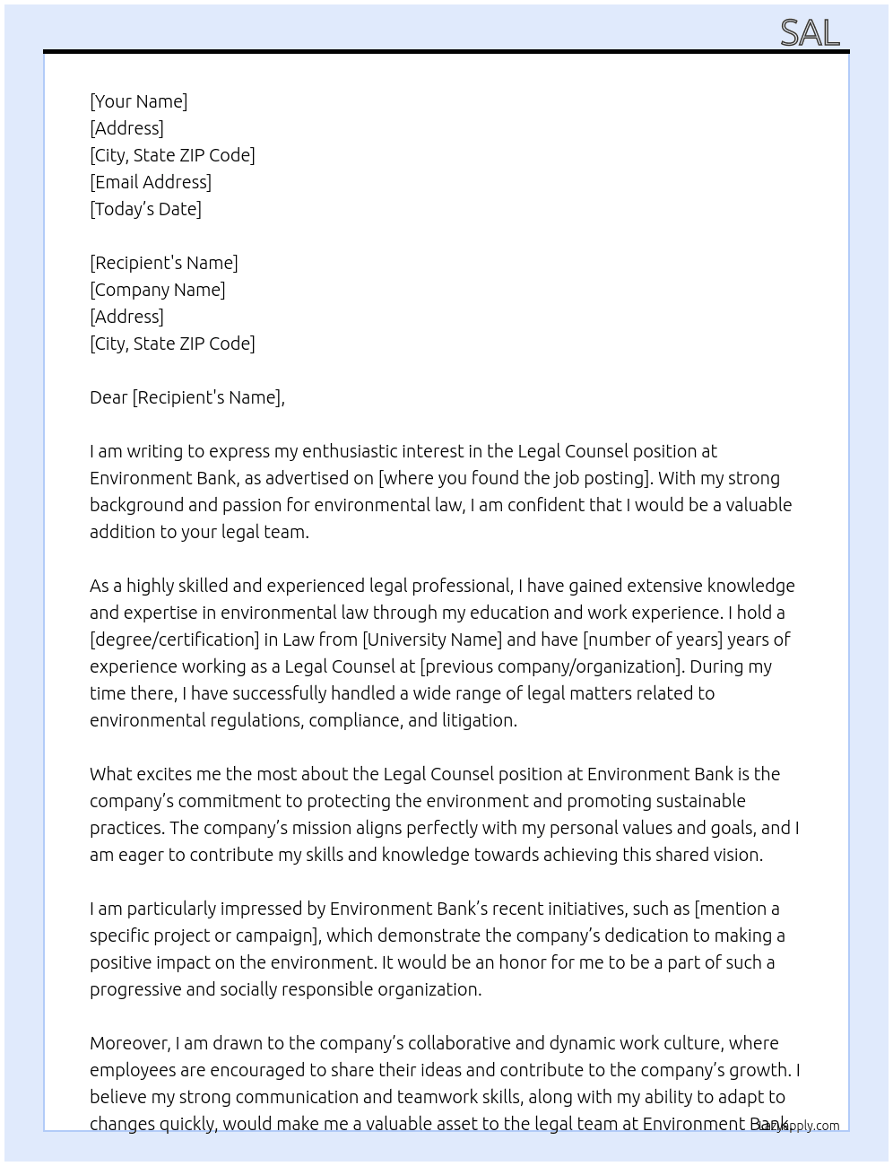 Legal Counsel  At Environment Bank Cover Letter