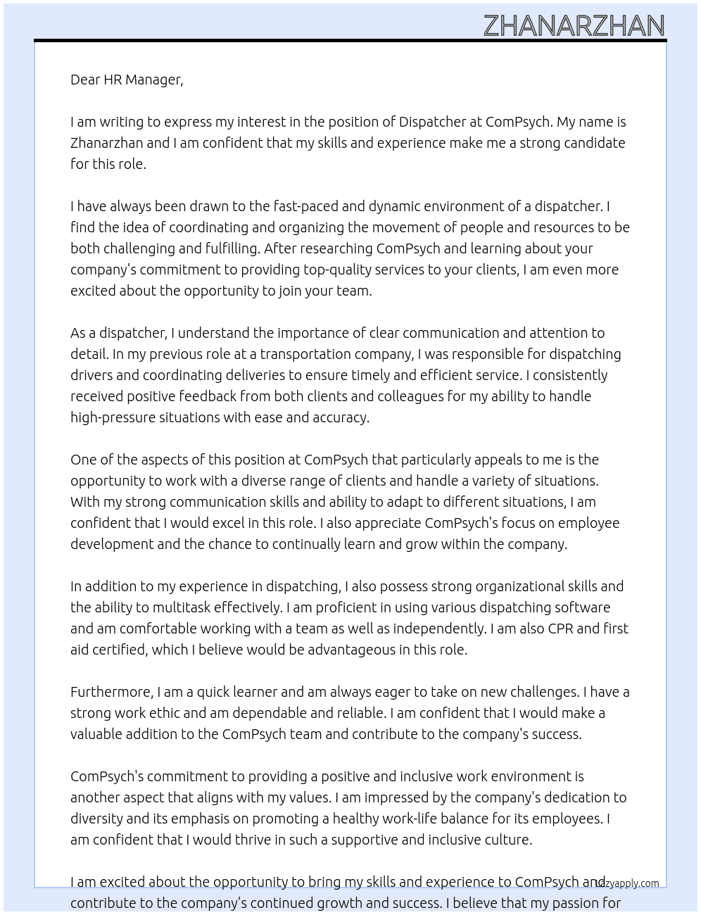 Dispatcher At ComPsych Cover Letter
