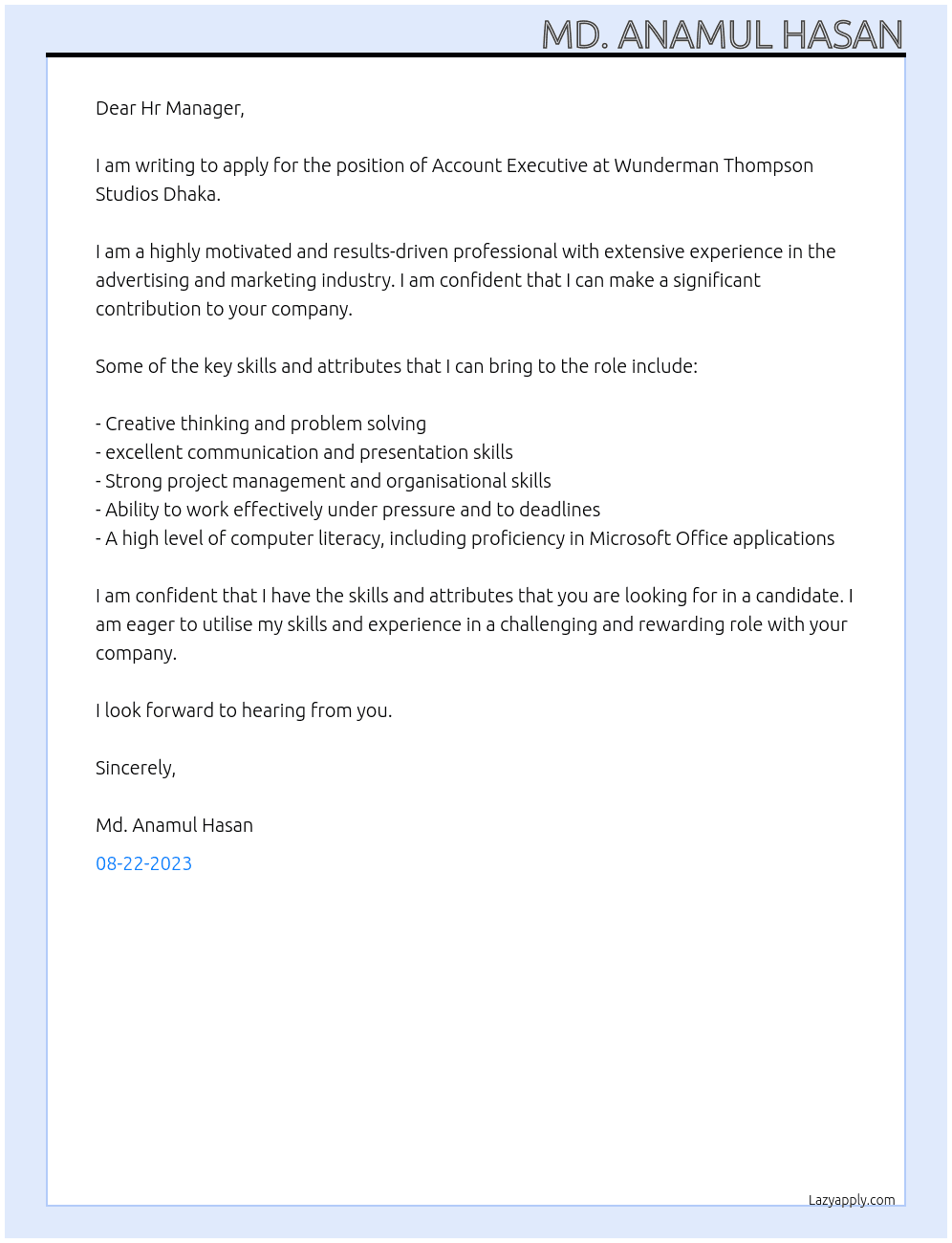 Account Executive At Wunderman Thompson Studios Dhaka Cover Letter