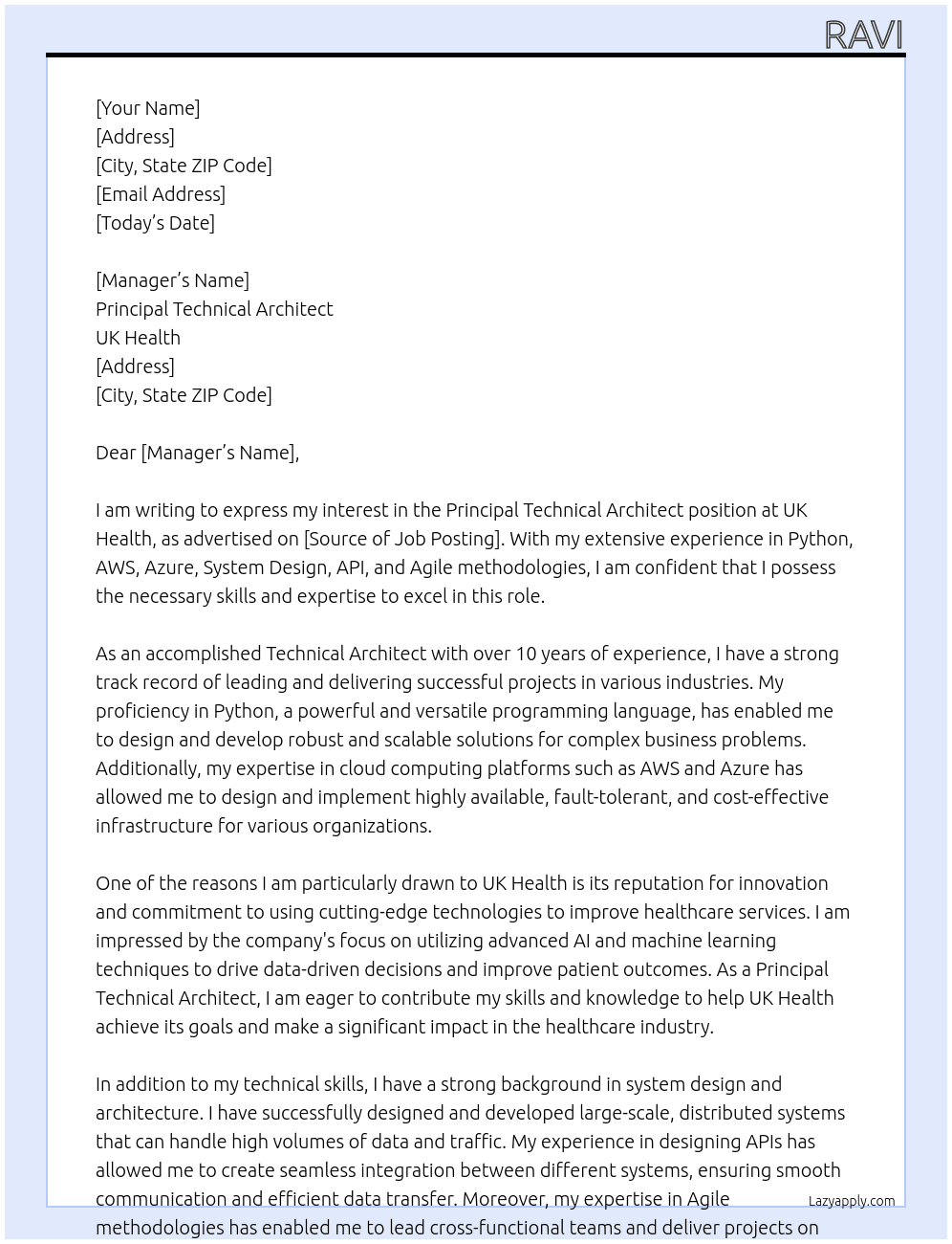 Principal Technical Architect At UK Health Cover Letter