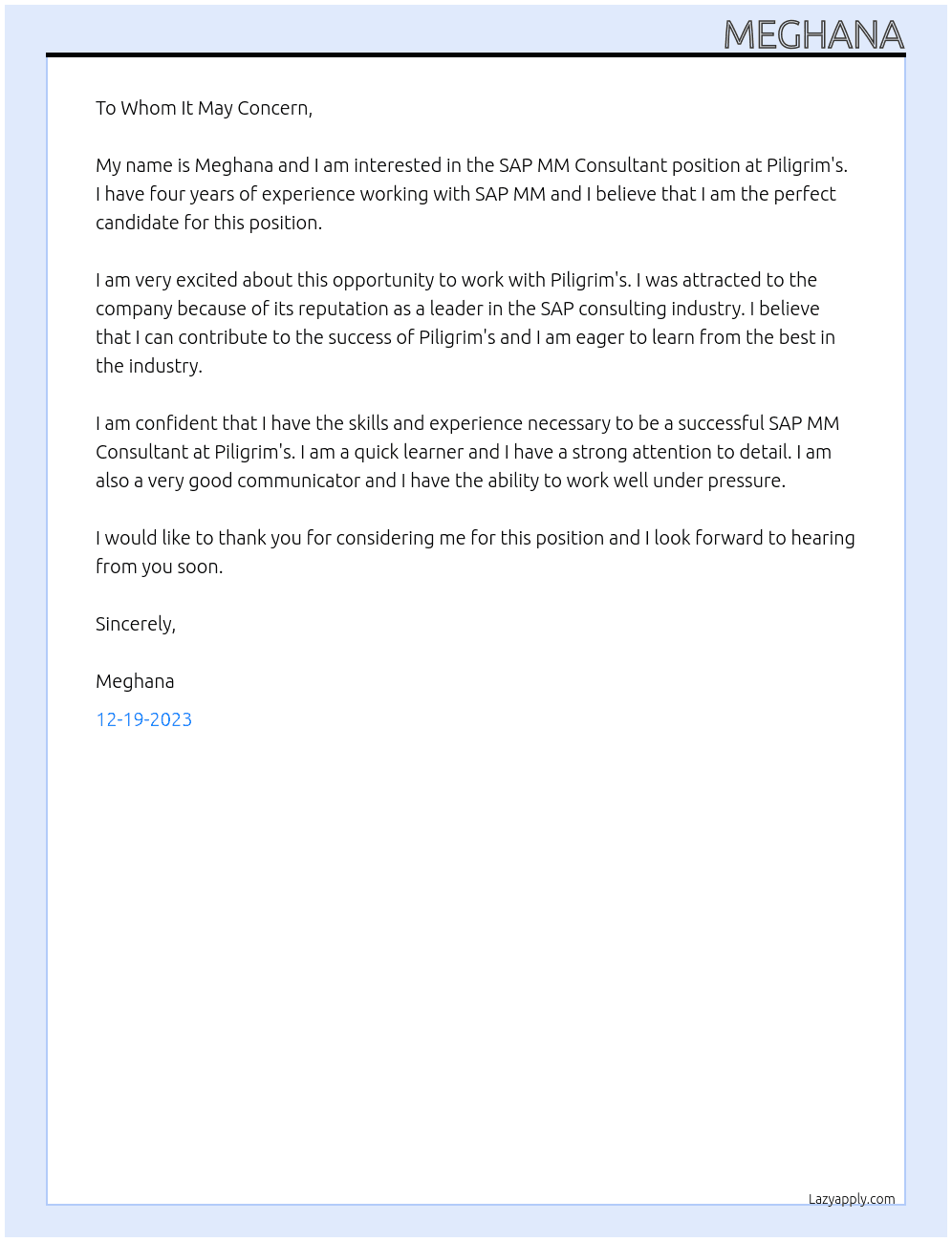 SAP MM Consultant At Piligrim's Cover Letter