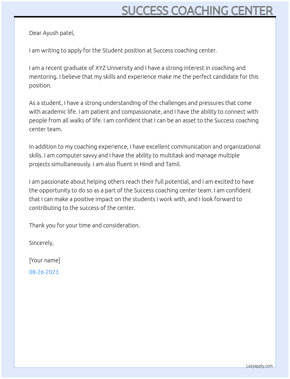 Student  At Success coaching center  Cover Letter