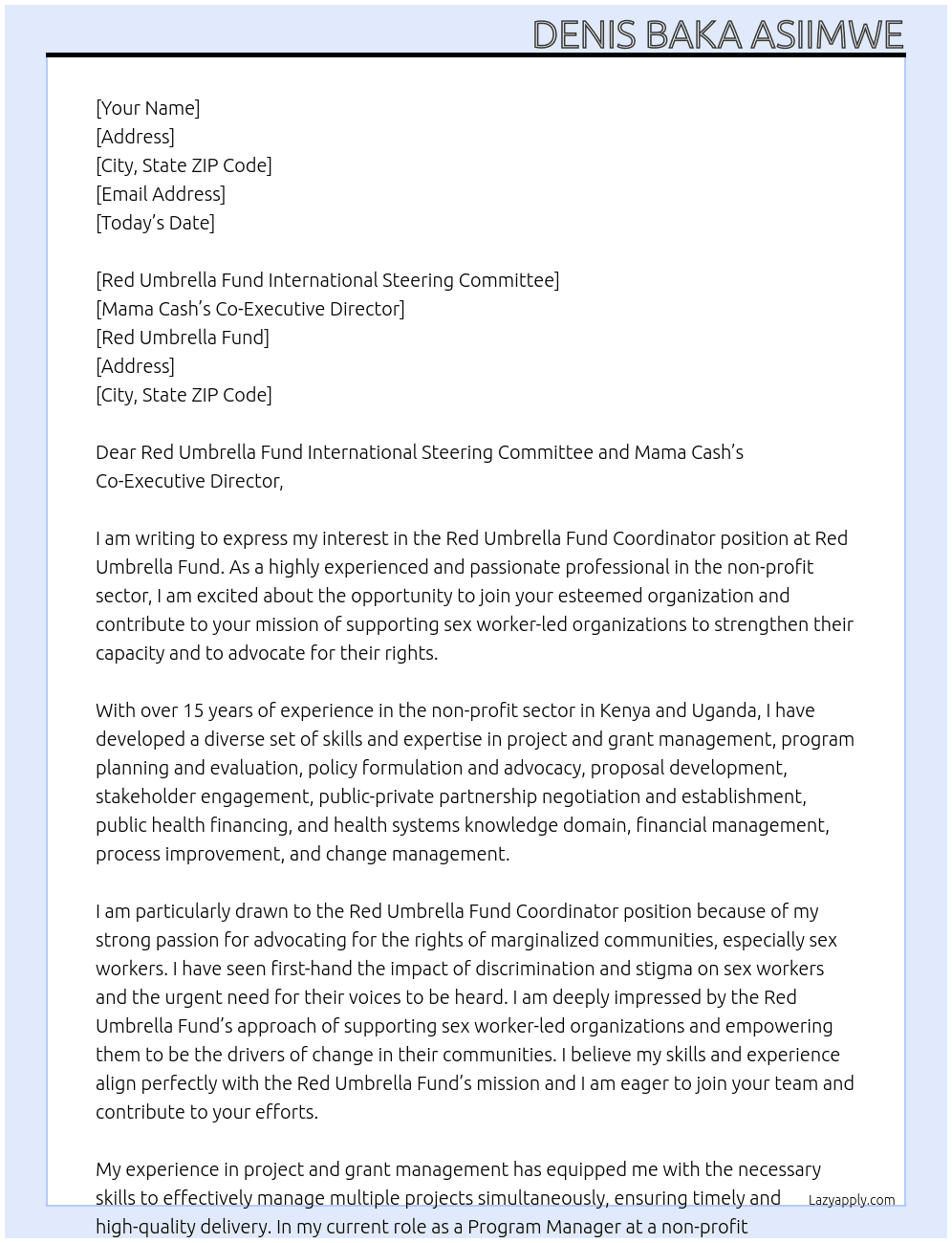 Red Umbrella Fund Coordinator At Red Umbrella Fund Cover Letter