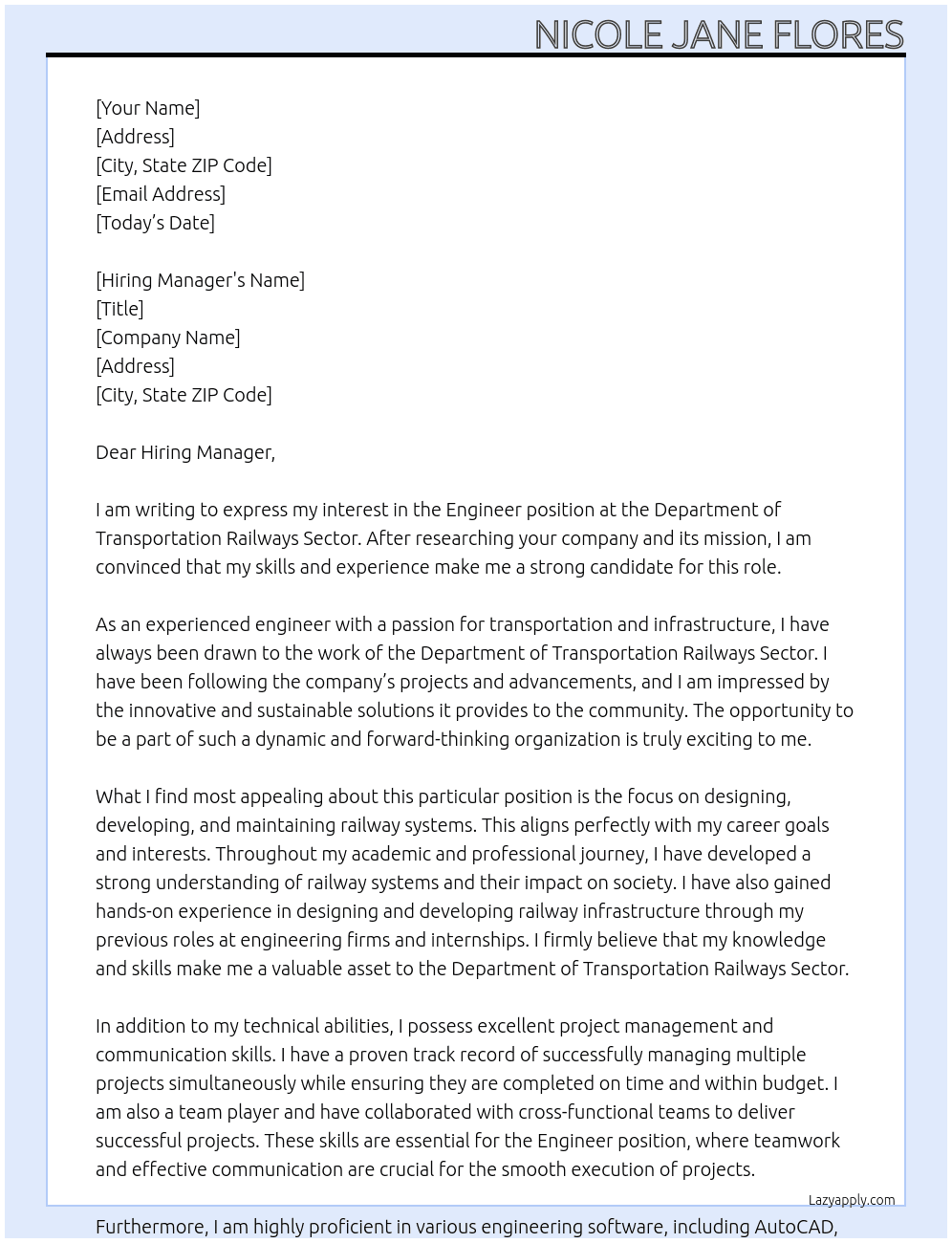 engineer At  Department of Transportation Railways Sector Cover Letter