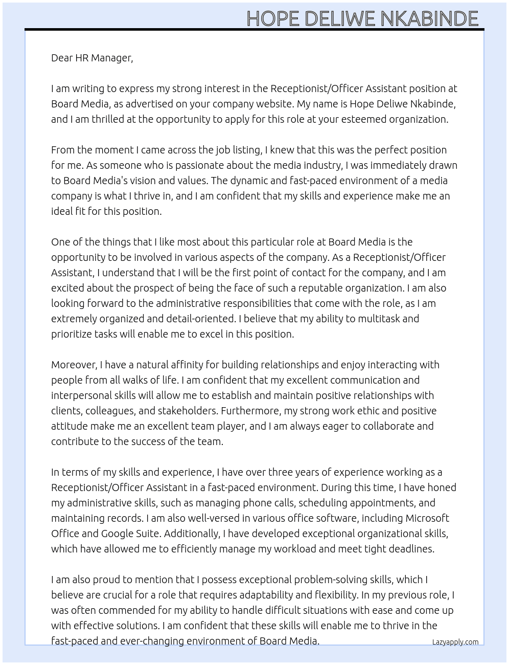 Receptionist/ Officer assistant  At Board Media  Cover Letter
