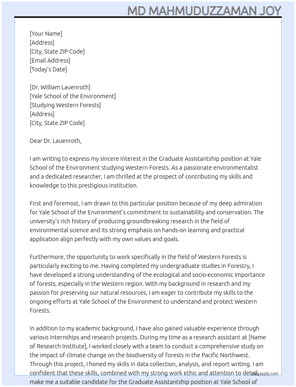 Graduate Assistantship At Yale School of the Environment Studying Western Forests Cover Letter