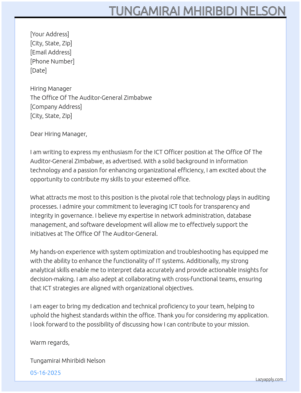 ICT Officer At The Office Of The Auditor-General Zimbabwe Cover Letter
