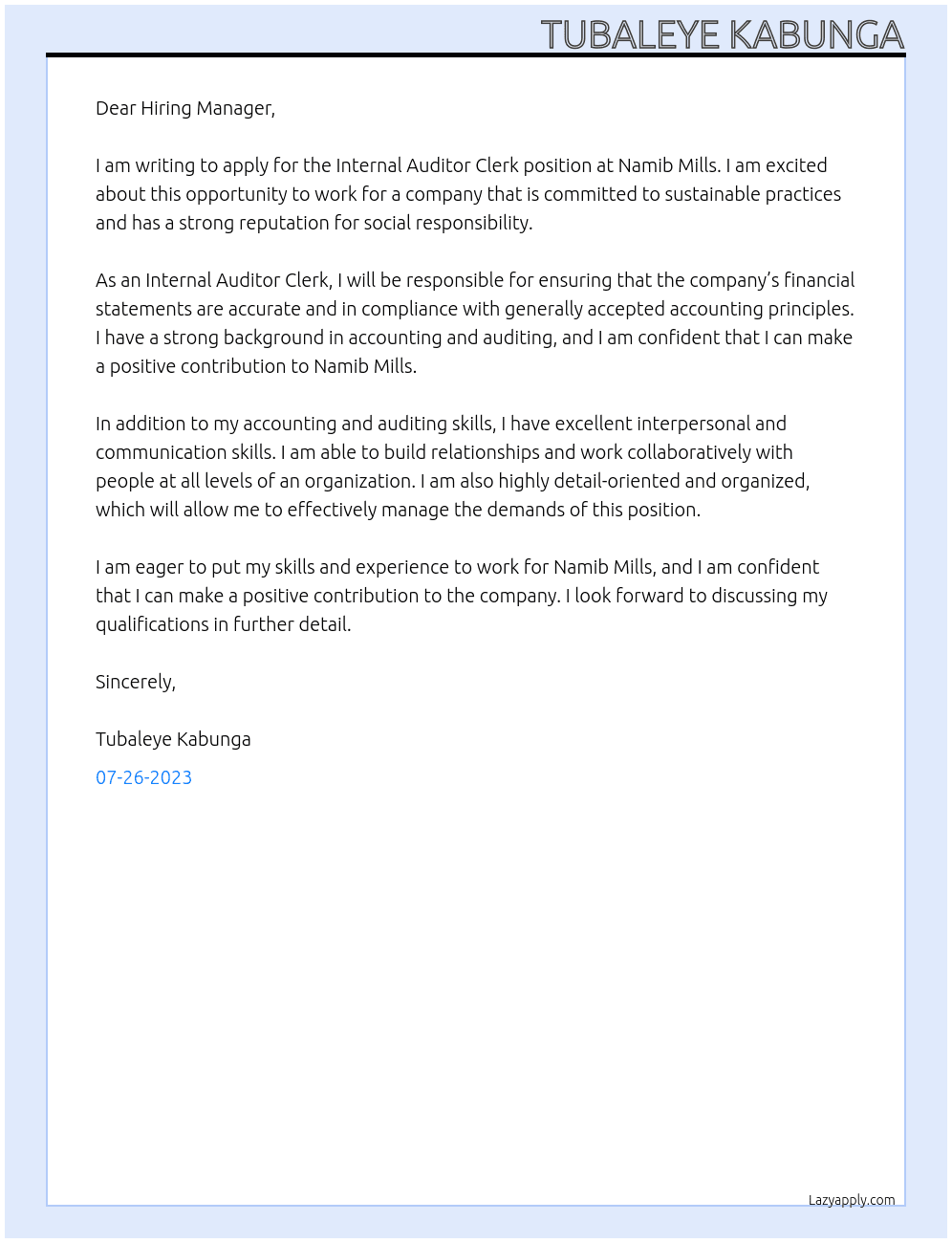 Internal Auditor Clerk At Namib Mills  Cover Letter