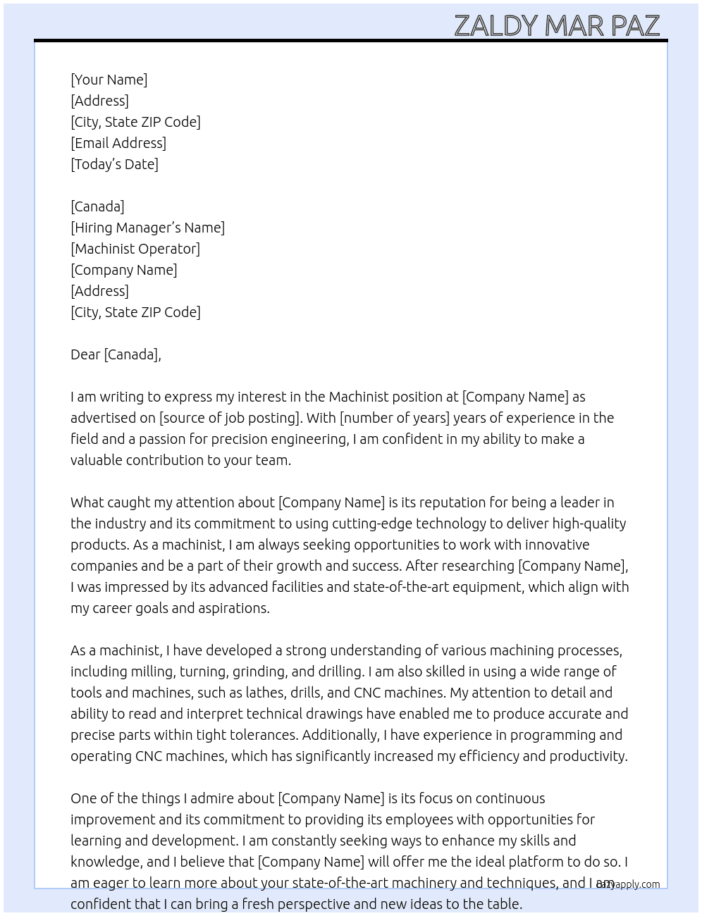 Machinist  At Machinist operator  Cover Letter