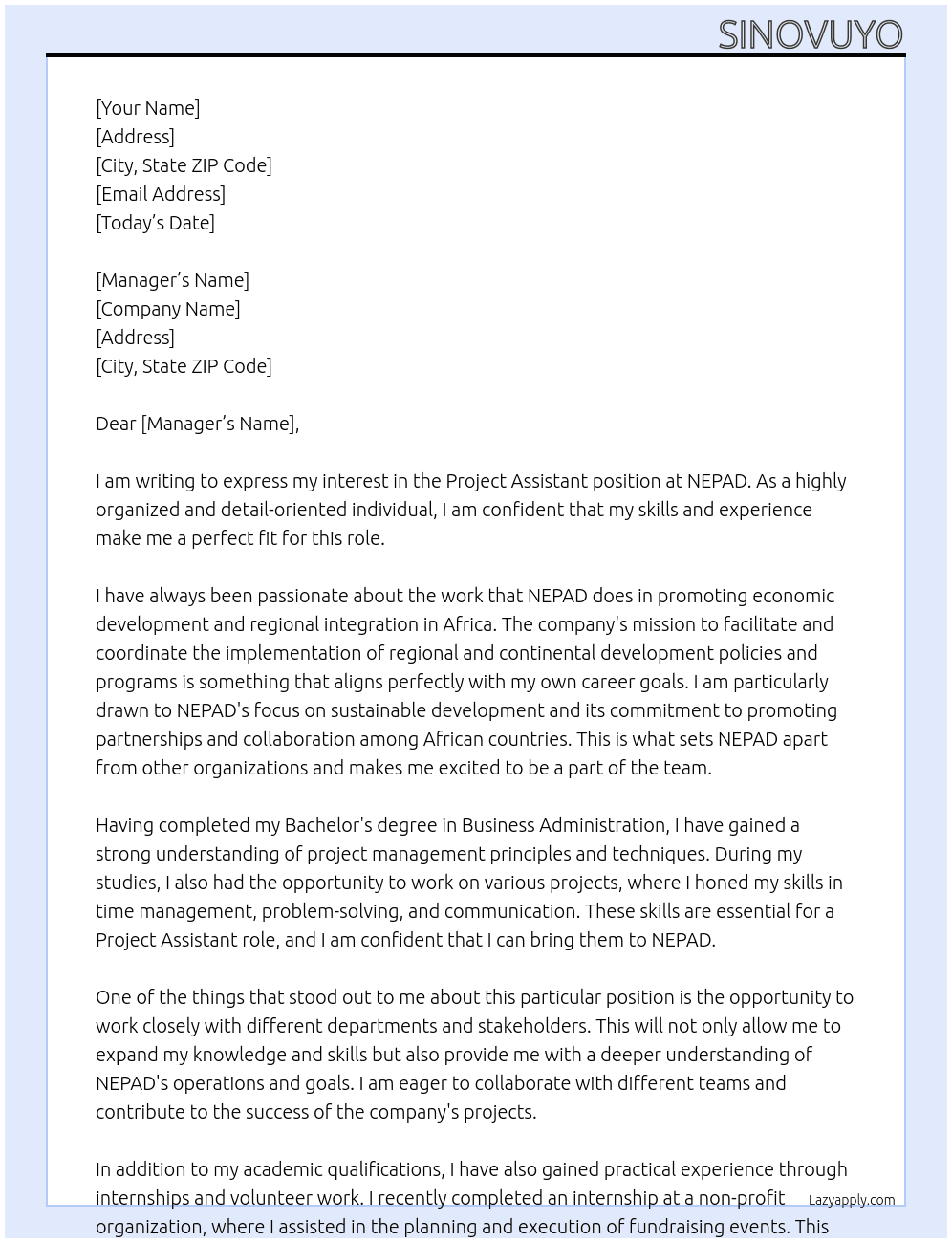 Project Assistant At NEPAD Cover Letter