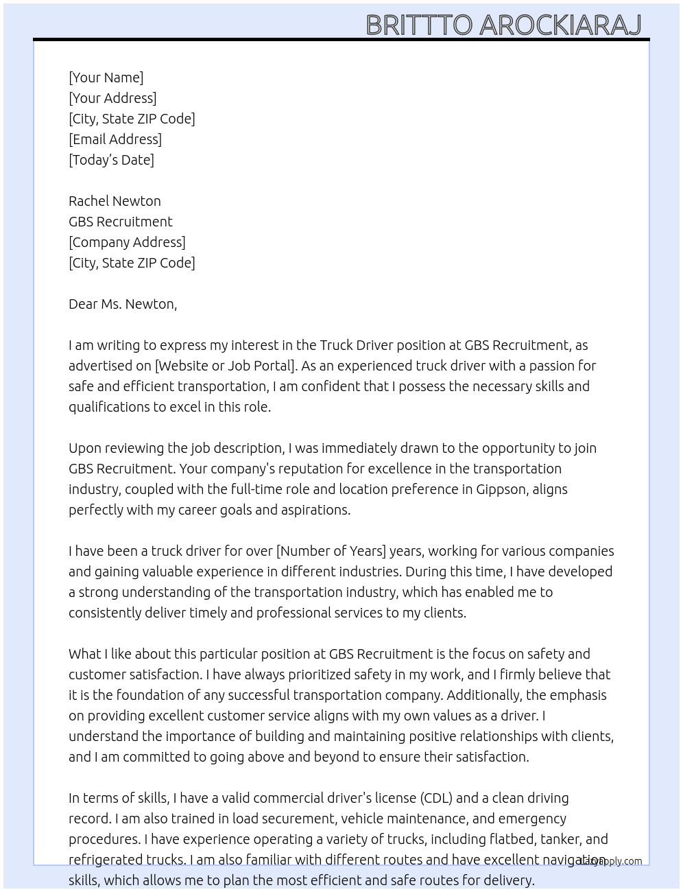 Truck driver  At gbs Recrruitment Cover Letter