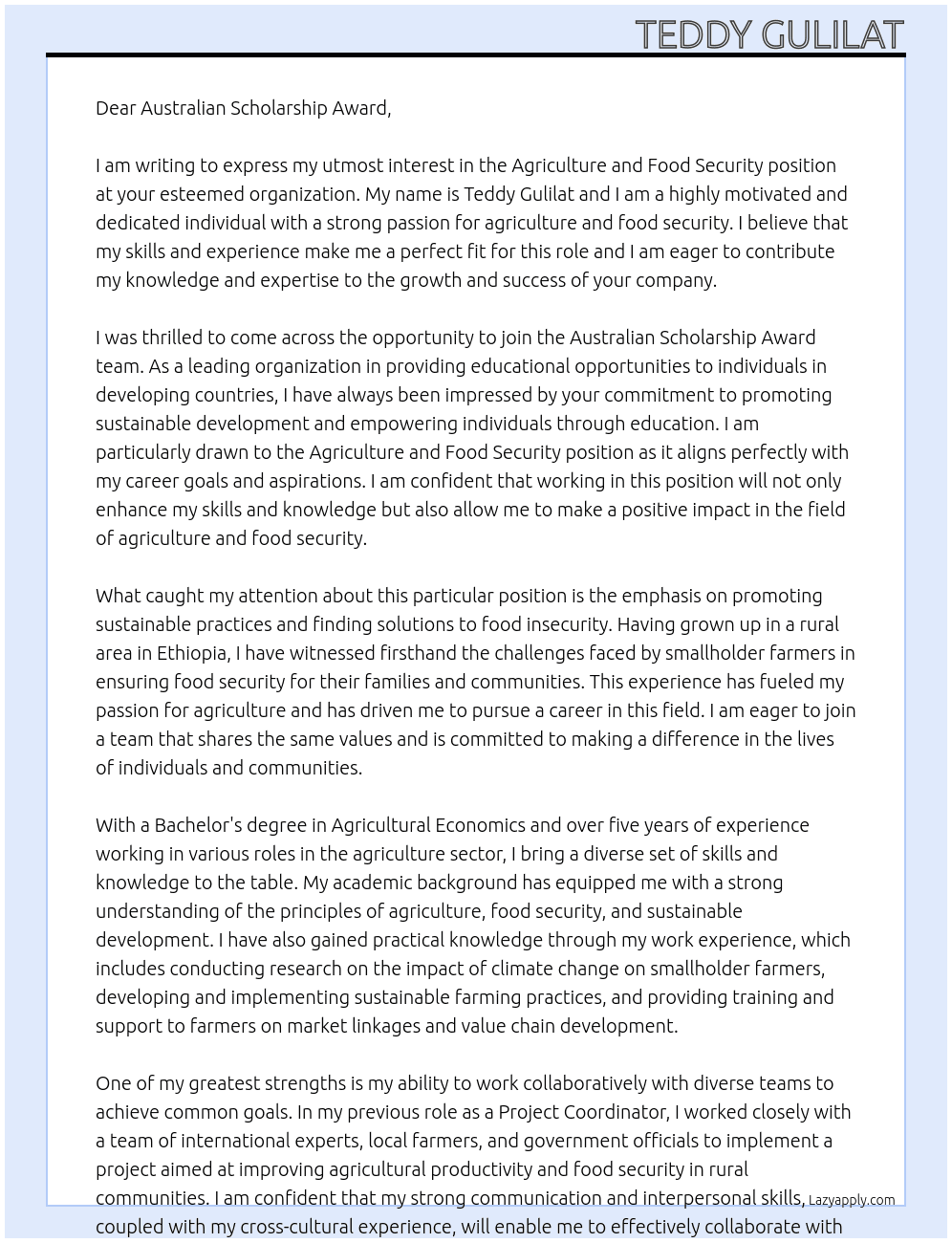 Agriculture and Food Security At  Australian Scholarship Award Cover Letter