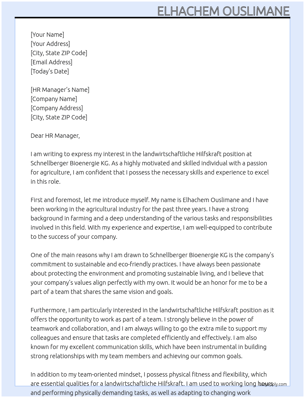 landwirtschaftliche Hilfskraft At Schnellberger Bioenergie KG Cover Letter