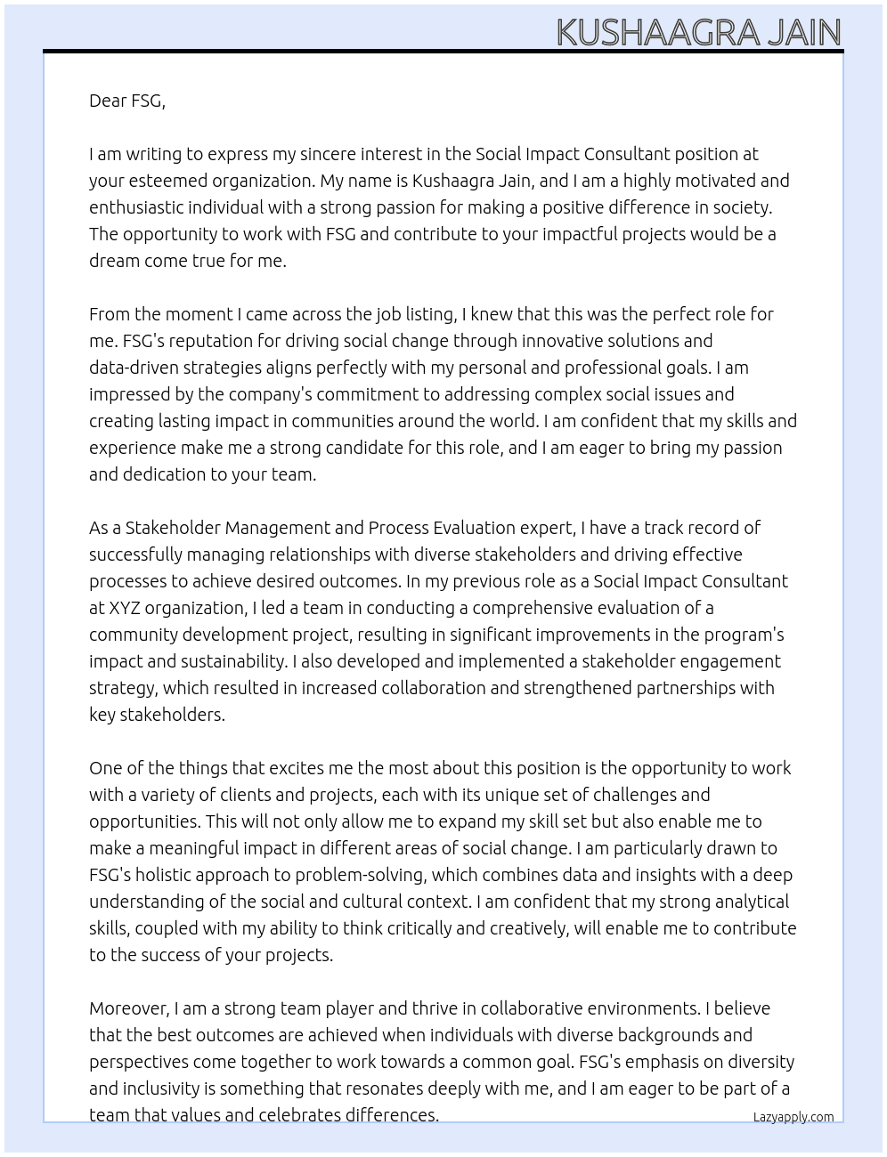 Social Impact Consultant At FSG Cover Letter