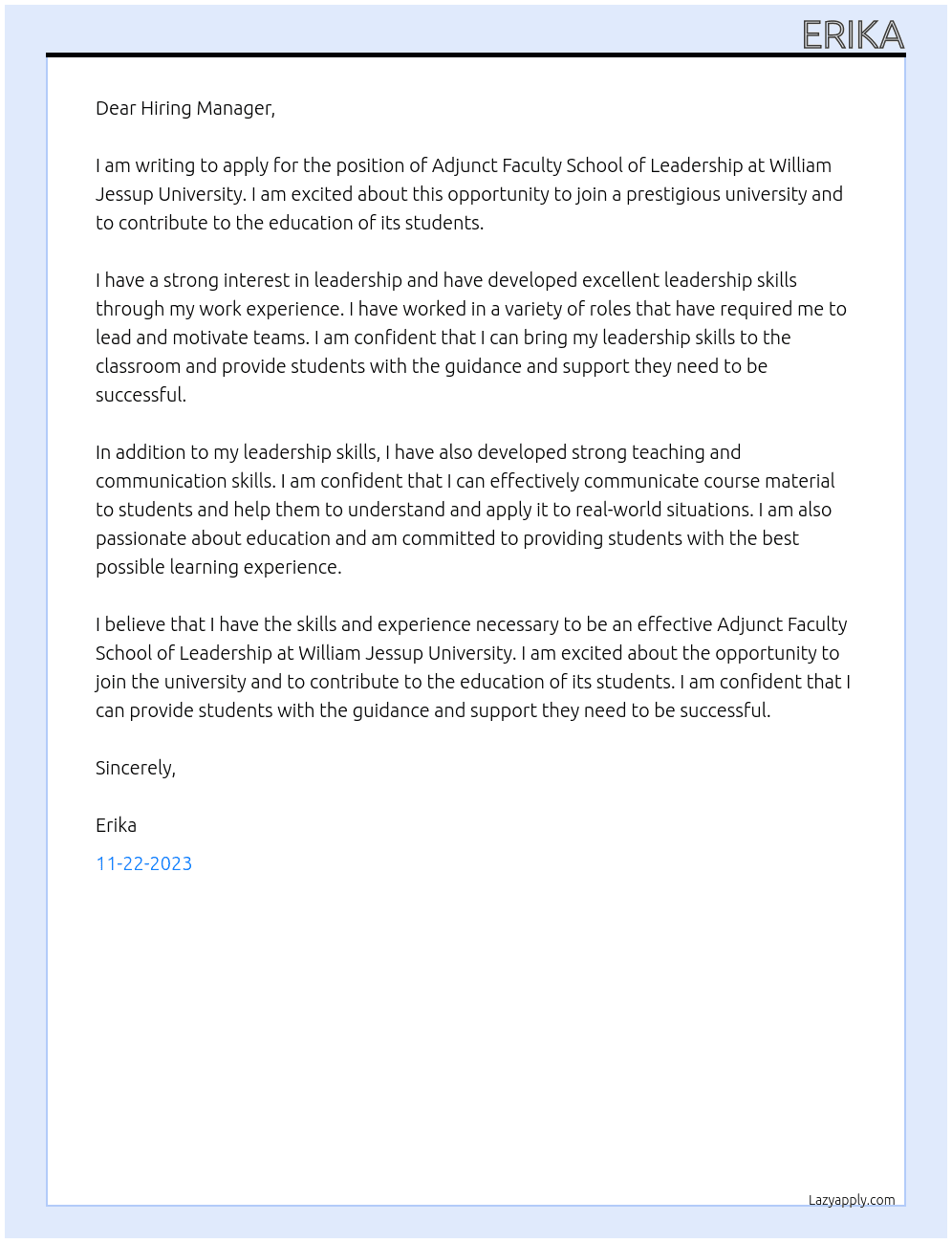 Adjunct Faculty School of Leadership At William Jessup University  Cover Letter