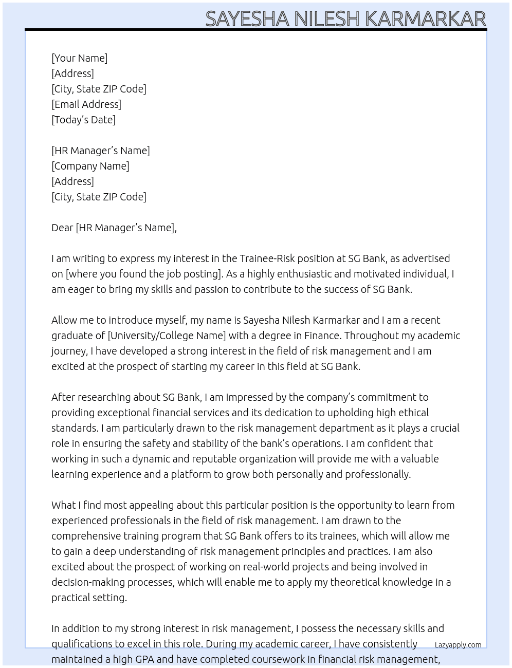 Trainee -Risk At SG Bank  Cover Letter