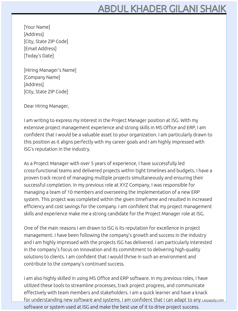 Project Manager At isg Cover Letter