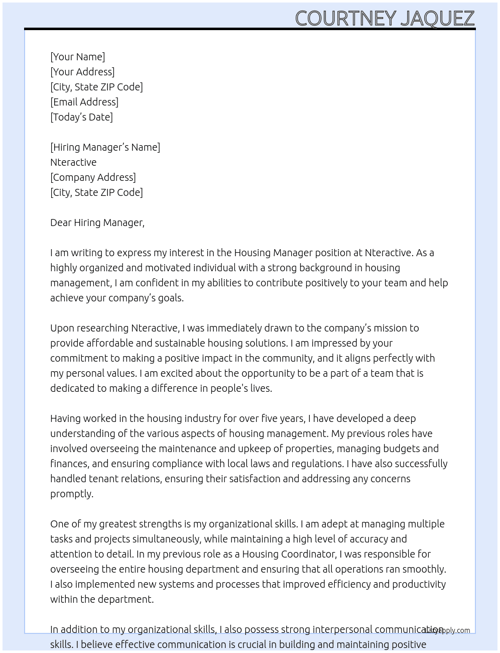Housing manager  At Nteractive Cover Letter