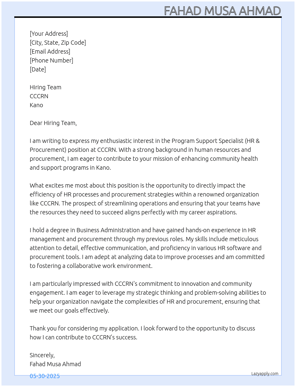 Profram Support Specialist (HR & Procurement)) At CCCRN, Kano Cover Letter