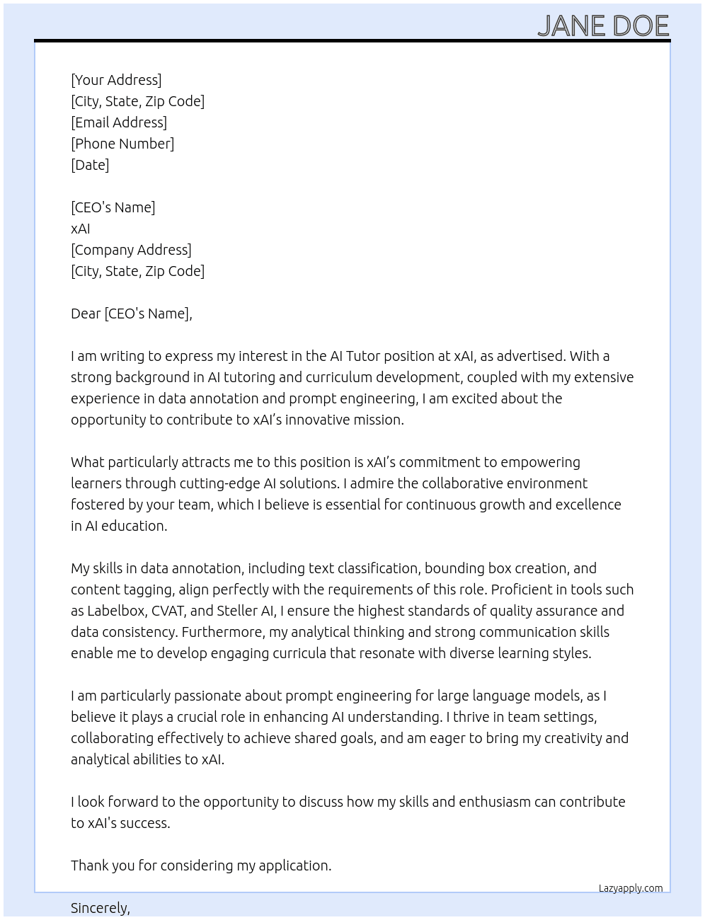 AI TUTOR At xAI Cover Letter