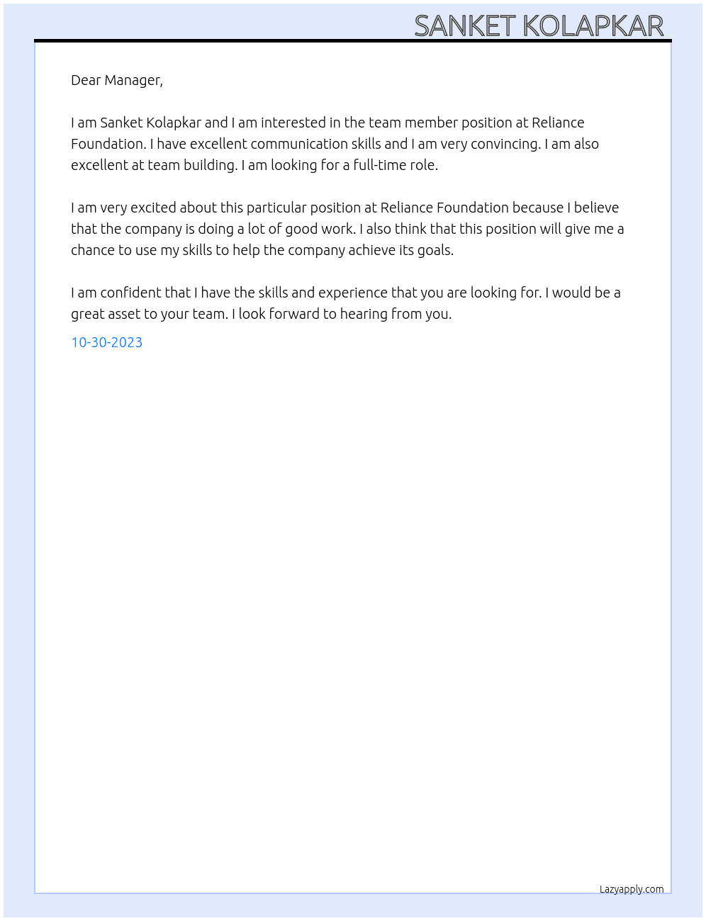 Team Member At Reliance Foundation  Cover Letter