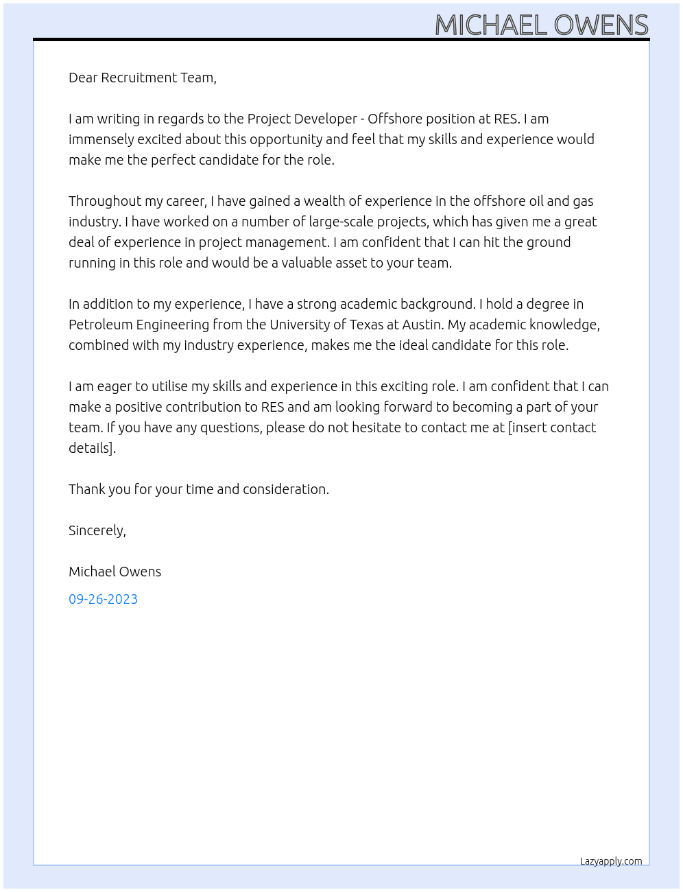 Project Developer - Offshore At RES Cover Letter