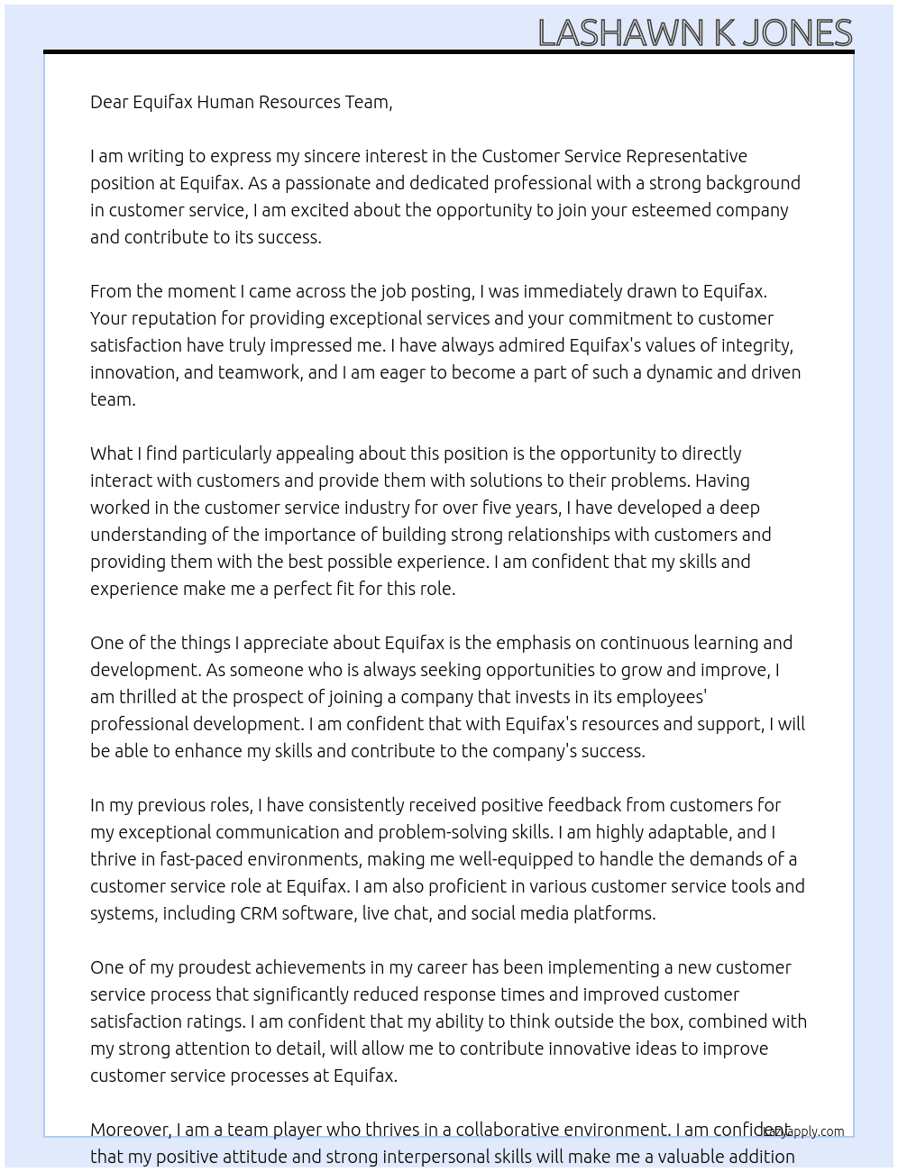 Customer Service Representative At Equifax Cover Letter