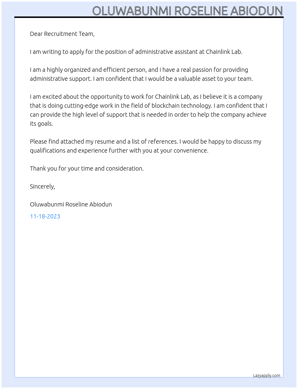 administrative assistant At chainlink lab Cover Letter