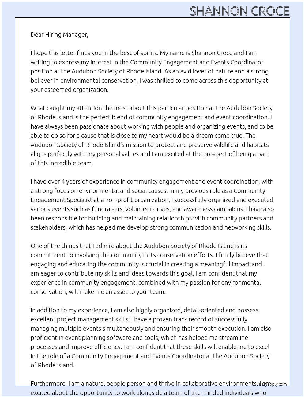 Community Engagement and Events Coordinator At Audubon Society of Rhode Island Cover Letter