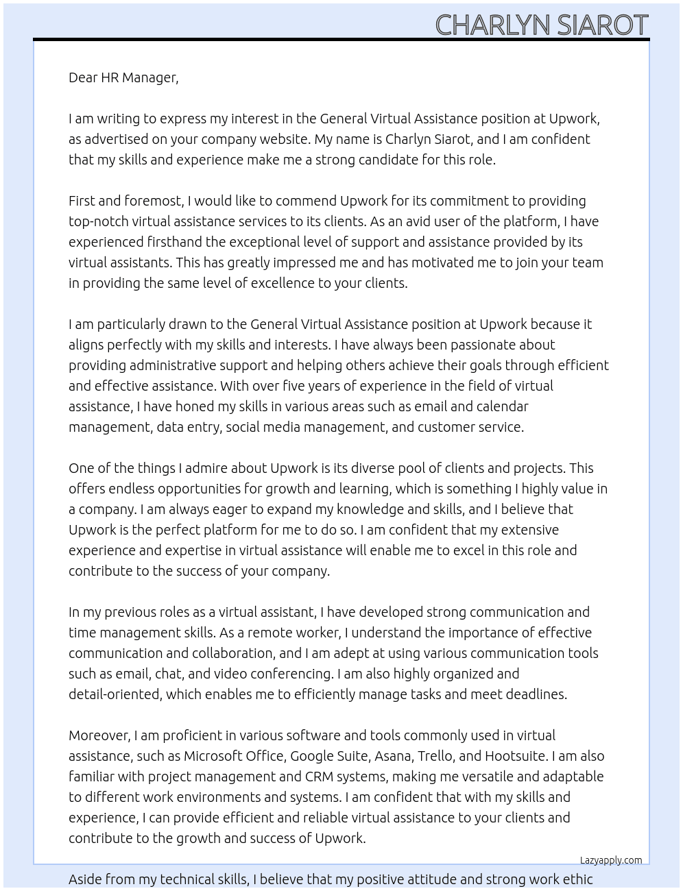 General Virtual Assistance At Upwork Cover Letter