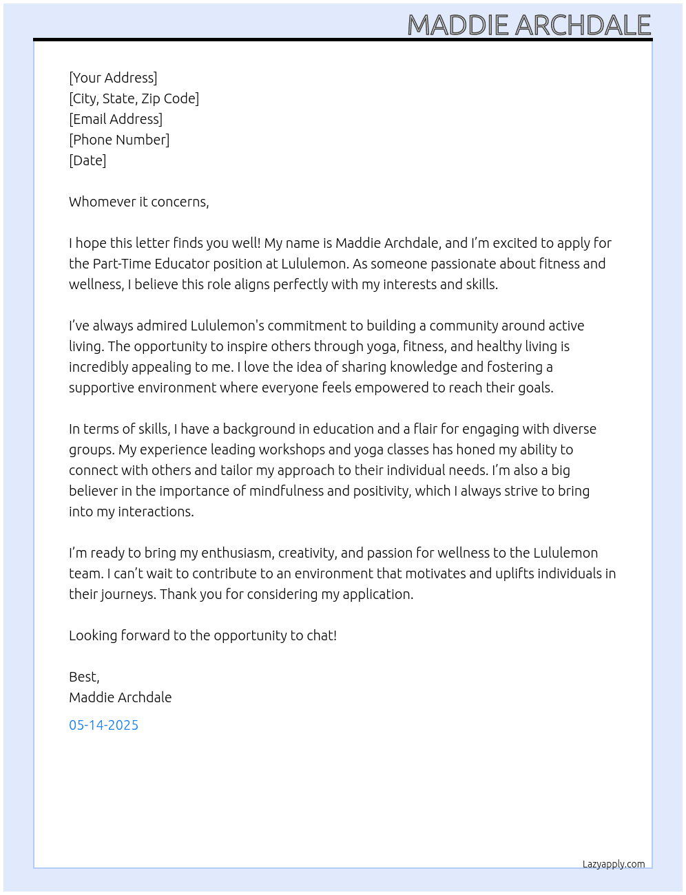 Part time educator At Lululemon Cover Letter