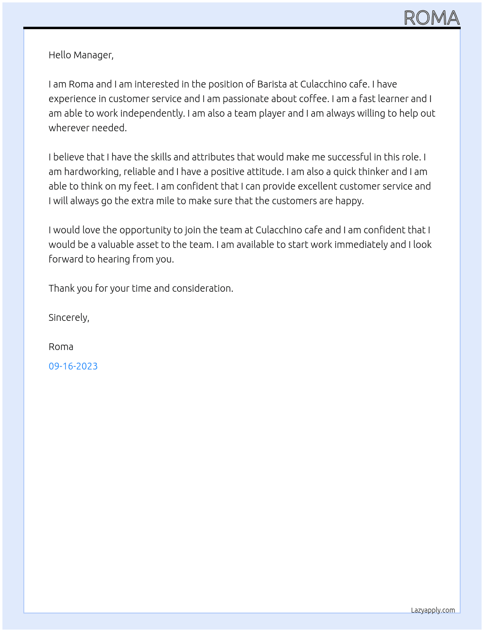 Barista At Culacchino cafe Cover Letter