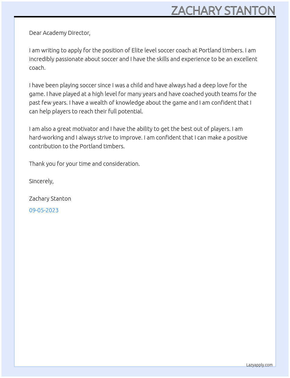 Elite level soccer coach At Portland timbers Cover Letter