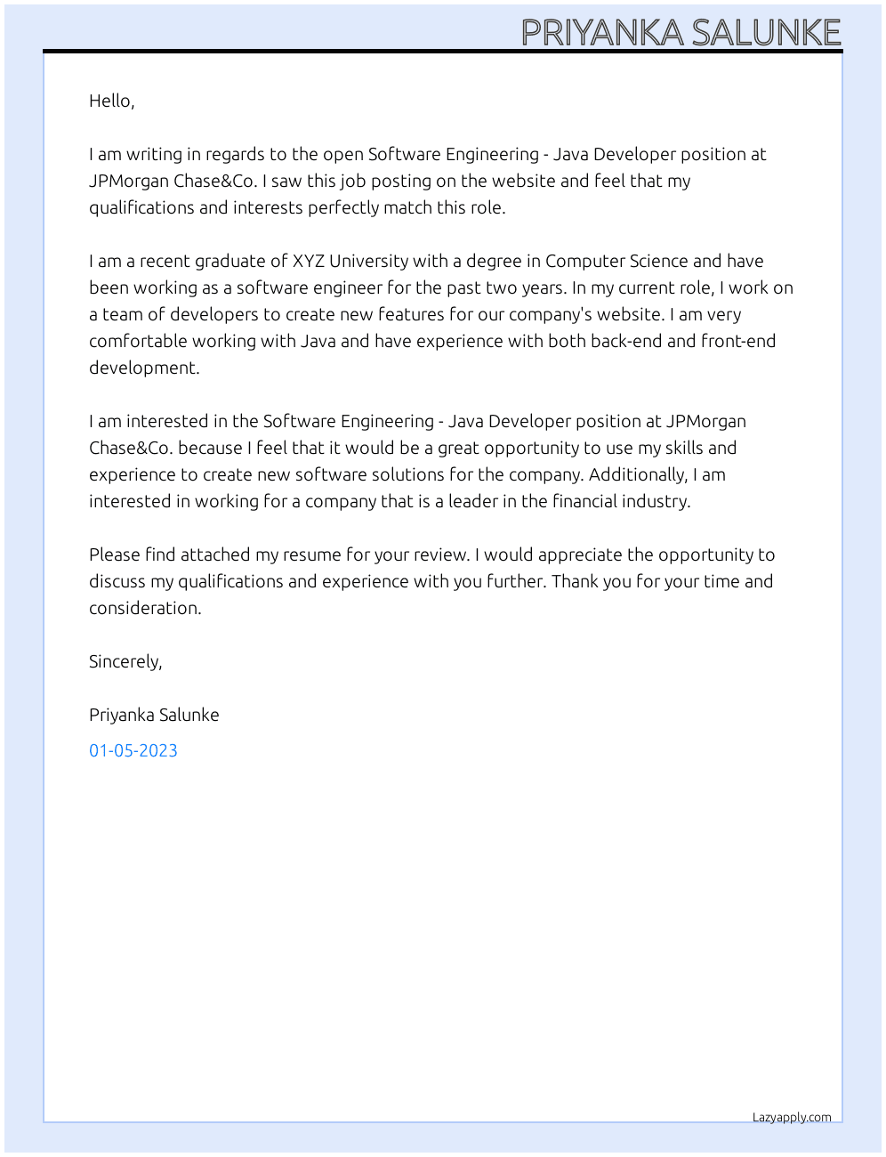 Cover letter for software engineering - java developer - LazyApply