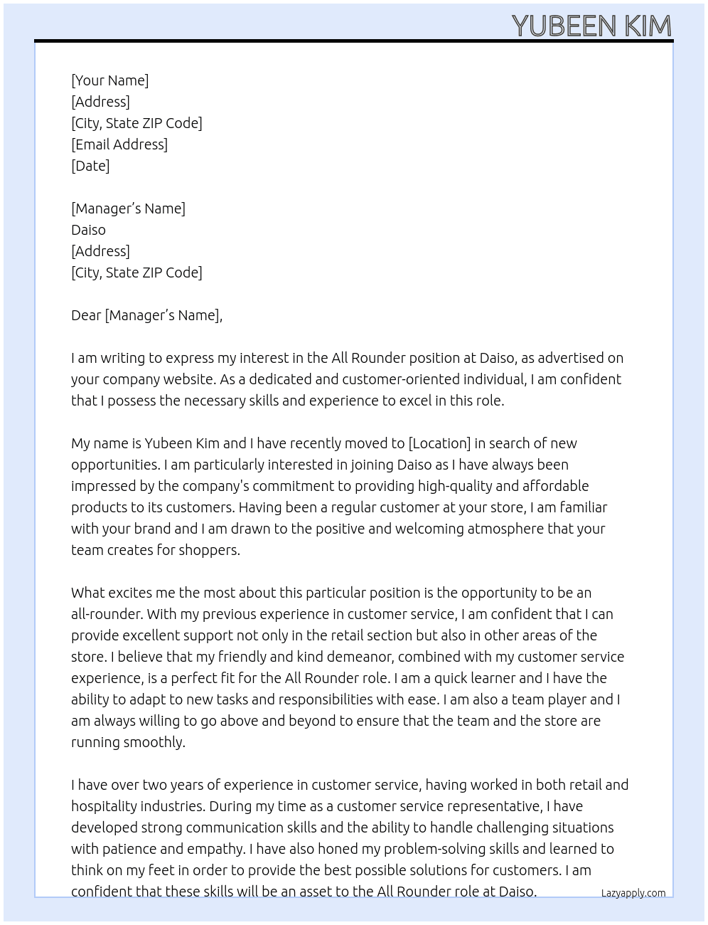 All rounder At Daiso Cover Letter